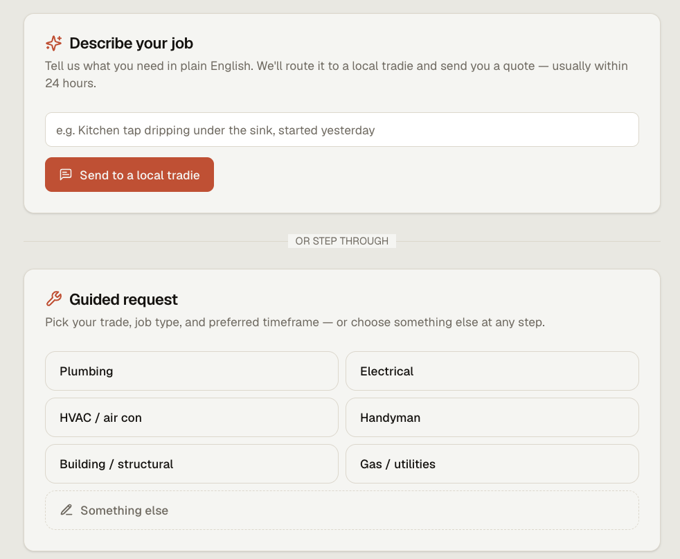 TraceHome booking request form where homeowners describe a job and send it to a local tradie