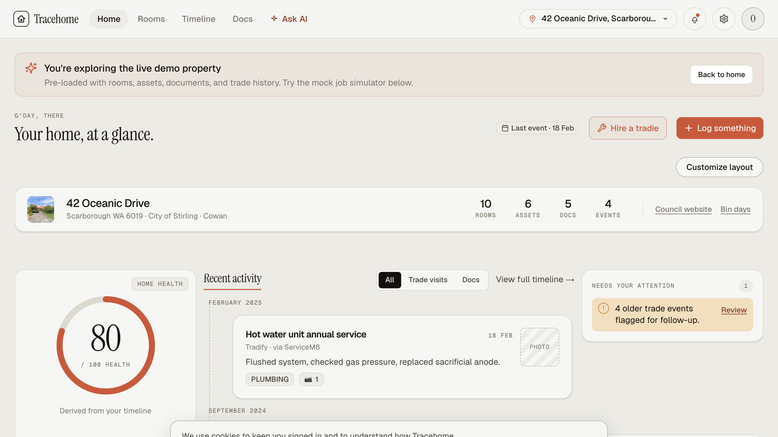 TraceHome homeowner dashboard showing property overview, home health score, and recent trade activity