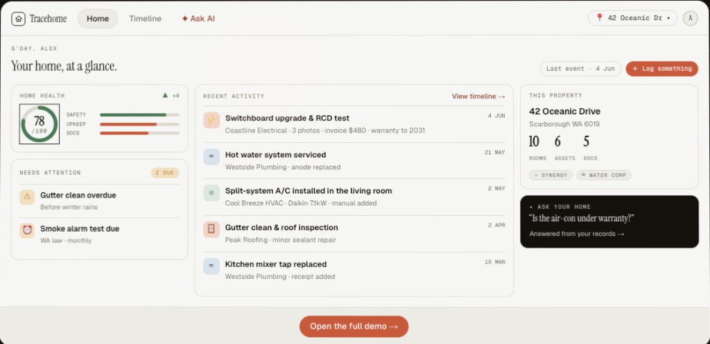 TraceHome homeowner dashboard showing recent trade activity with tradie business names on each job